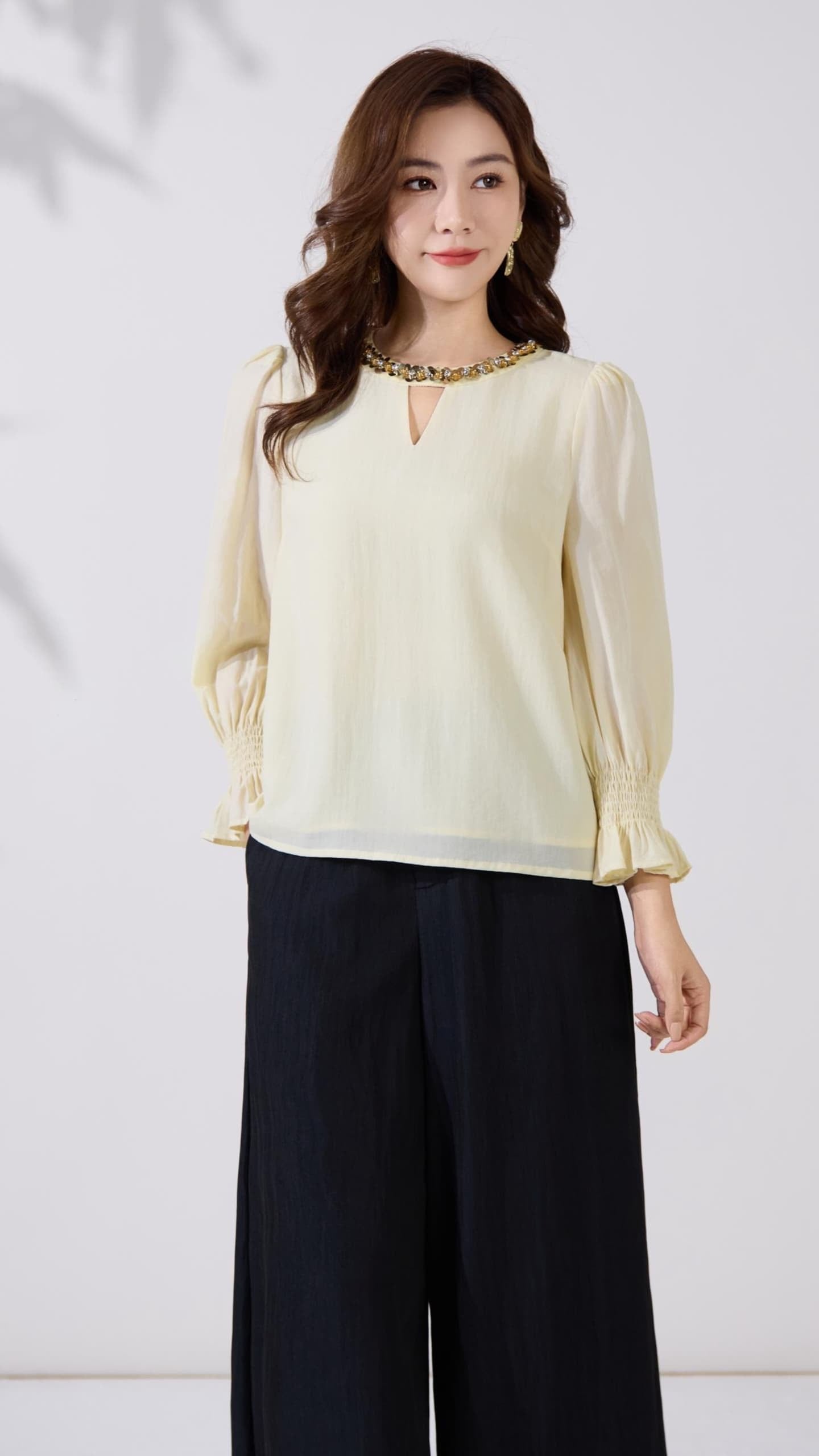 Ziri Sequins Neck Long Sleeve Top