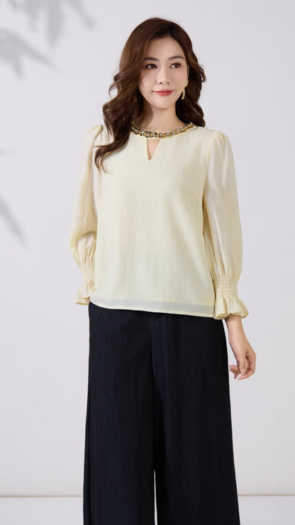 Ziri Sequins Neck Long Sleeve Top