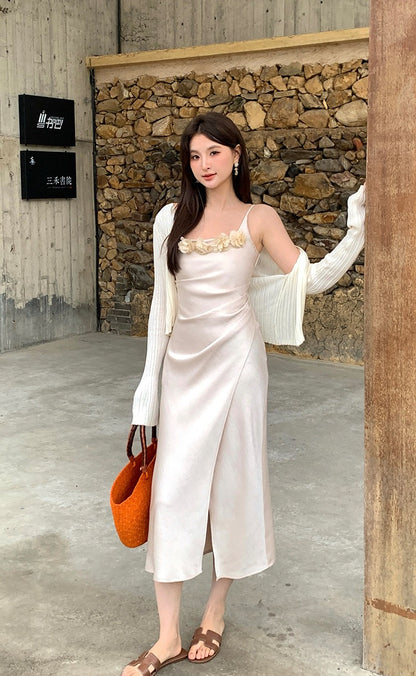 Penelope Satin Dress with Flower Brooch