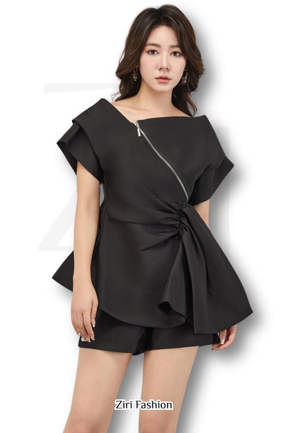Ziri Asymmetrcial Drape Top + Shorts Setwear