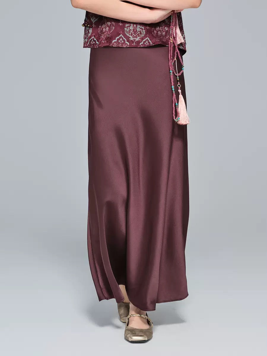 Zhou Wrinkle Satin Bias Cut Maxi Skirt