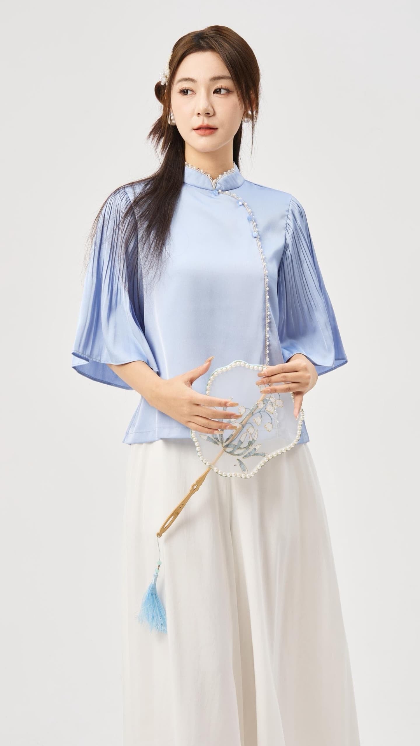 Zhu Oriental Pearl Pleated Top