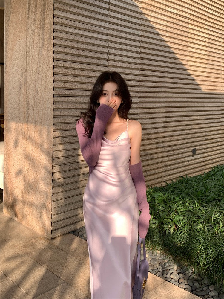 Julie Pearl Strap Satin Dress