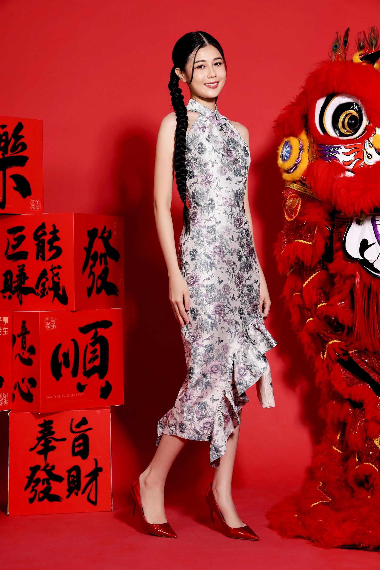 Olia Oriental Ruffle Qipao Dress