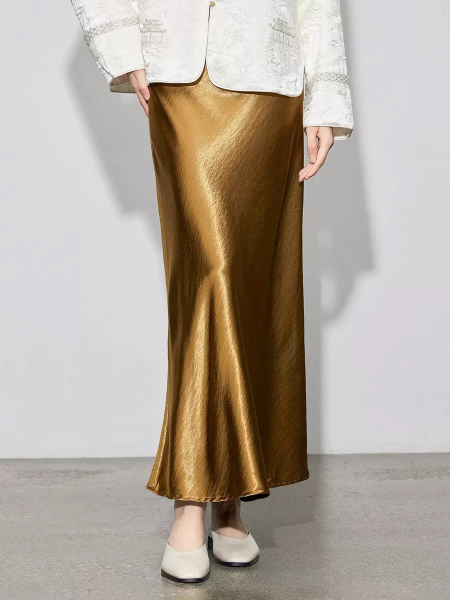 Zhou Wrinkle Satin Bias Cut Maxi Skirt