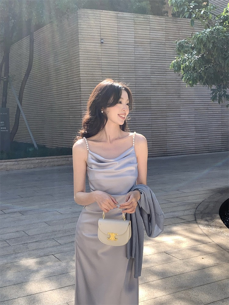 Julie Pearl Strap Satin Dress