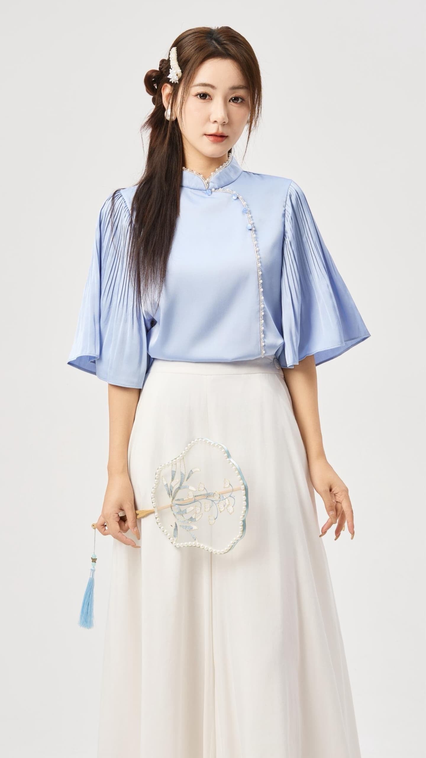 Zhu Oriental Pearl Pleated Top