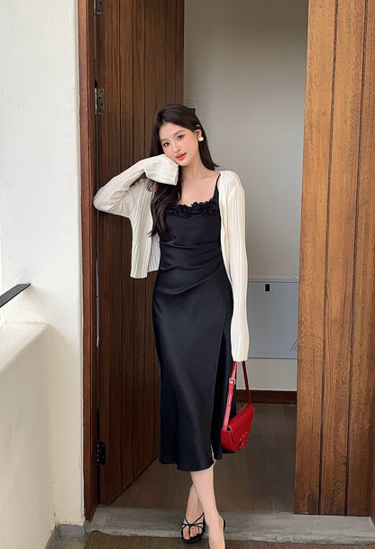Penelope Satin Dress with Flower Brooch