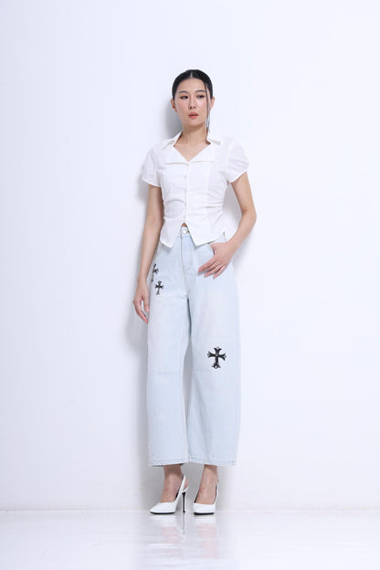 Jesse  Vintage Cross Embroidered Barrel Jeans