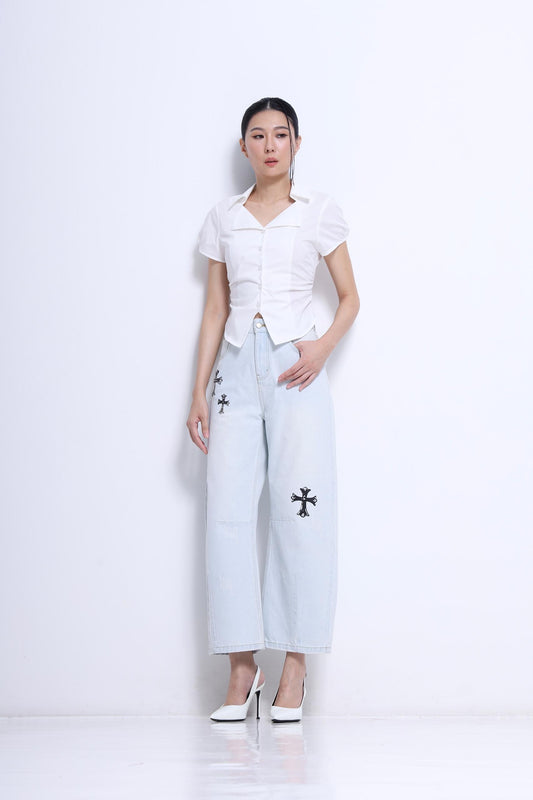 Jesse  Vintage Cross Embroidered Barrel Jeans