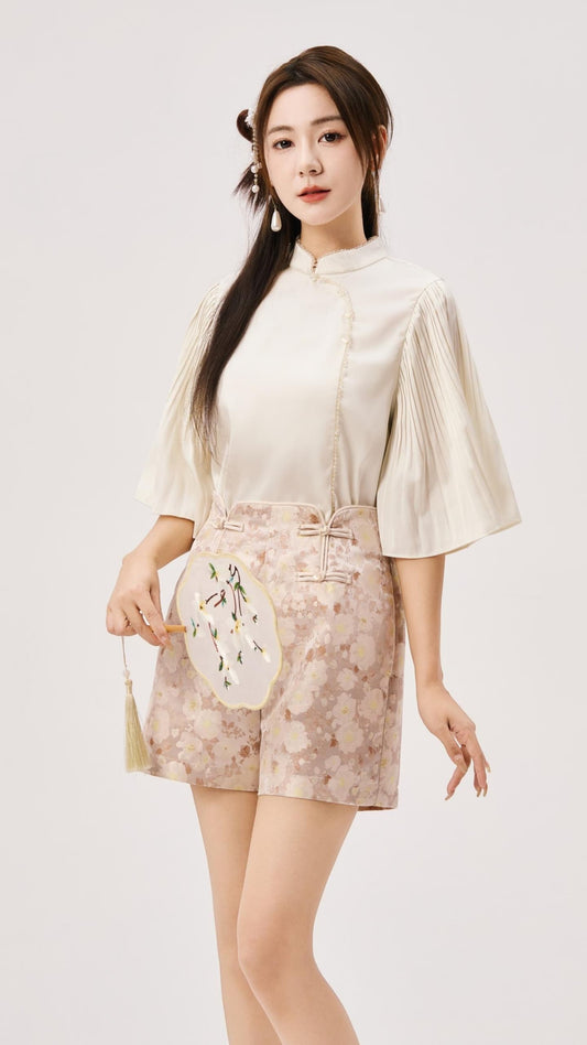 Zhu Oriental Pearl Pleated Top