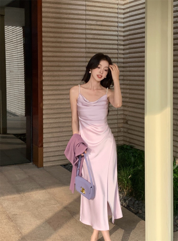 Julie Pearl Strap Satin Dress