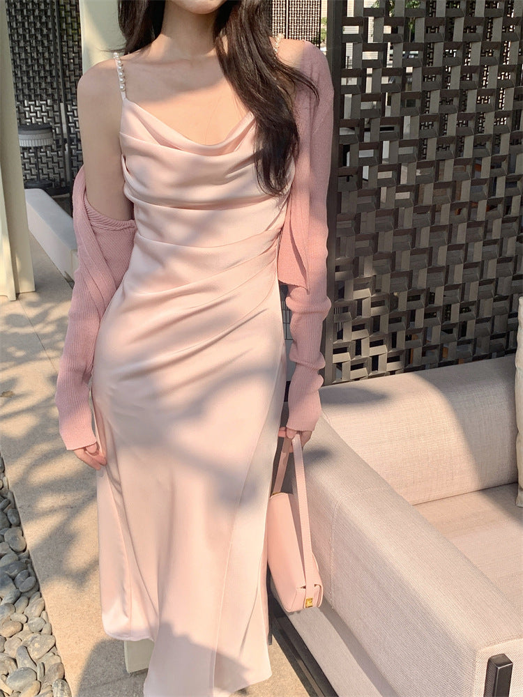 Julie Pearl Strap Satin Dress